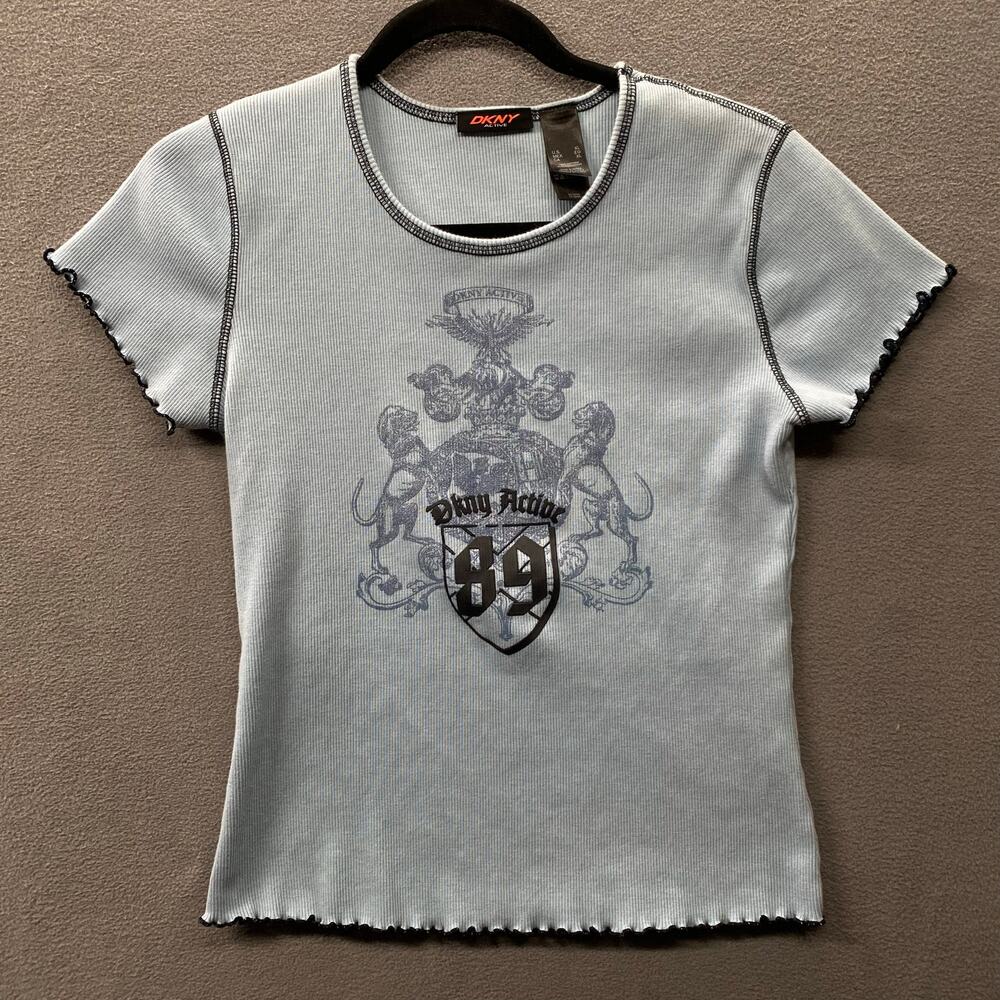 Vtg 00s Y2K DKNY Active Lettuce Hem Baby Tee‎ XL Blue Crest Graphic Rib Knit